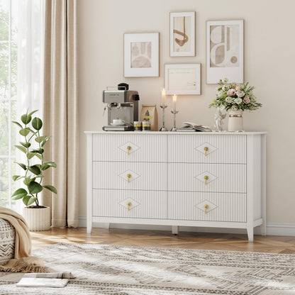 GarveeHome Fluted Dresser for Bedroom, 54 Inch Wide 6-Drawer Wood Dresser, Modern Chest of Drawers, Storage Organizer Cabinet for Living Room, Hallway, Entryway, White