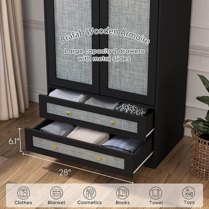 Brafab Armoire Wardrobe Closet with 2 Modern Doors Set of 2, 71" Tall Freestanding Closet Wardrobe Cabinet with Drawers and Hanging Rail, Wooden Storage Cabinet with Shelve for Bedroom, Black