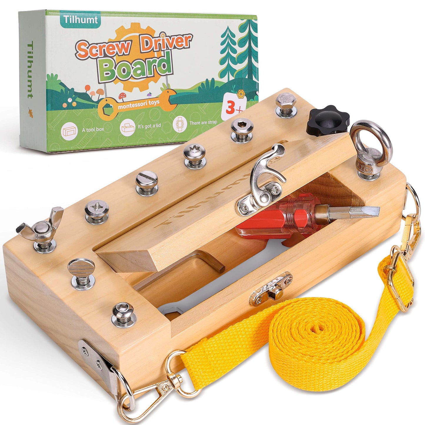 Tilhumt Montessori Screwdriver Board Set - Portable Busy Board Screwdriver Toy Set for 3-5 Toddlers for Travel with Carry Strap & Storage Box, Kids Nut/Bolt Montessori Educational Tools