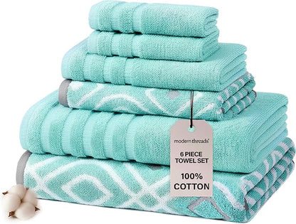 Modern Threads Oxford 6-Piece 100% Cotton Towel Set – Yarn Dyed Jacquard &