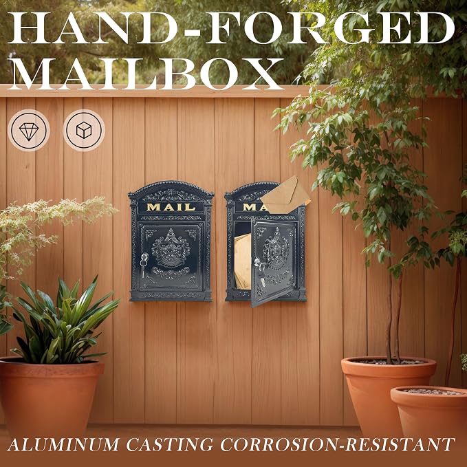 Vintage Mailboxes for Outside, Large Cast Aluminum Locking Mailbox, Weatherproof Metal Mail Boxes for House Outside, Decorative Mailbox Wall Mount for Home Outdoor(12.28"x17.51"x3.62")