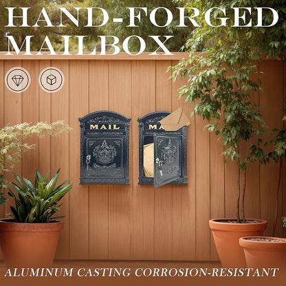 Vintage Mailboxes for Outside, Large Cast Aluminum Locking Mailbox, Weatherproof Metal Mail Boxes for House Outside, Decorative Mailbox Wall Mount for Home Outdoor(12.28"x17.51"x3.62")