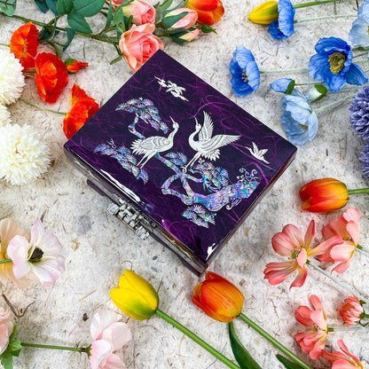 Fun-Store Nacre Inlay Mother of Pearl Music Jewellery Storage Chest Wooden Box Crane with Pin Tree Design Jewelry Mirror Box Keepsake Treasure Gift Box Trinket Case Organizer (Purple)