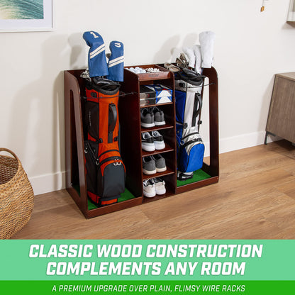 GoSports Premium Wooden Golf Bag Organizer and Storage Rack - Choose Your Style
