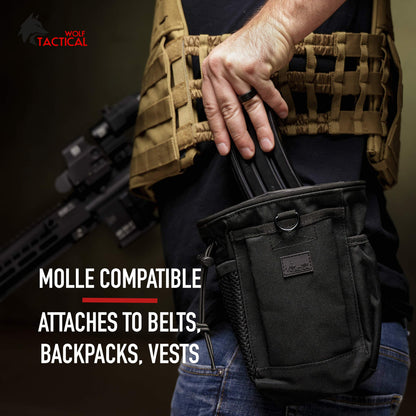 WOLF TACTICAL Drawstring MOLLE Dump Pouch - EDC Drop Bag for Ammo, Magazines, Range Shooting, Hunting, Outdoor Sports (Black Camo)