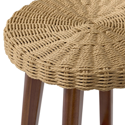 Alaterre Furniture Calais Round Bar Stool with Woven Seat - 24in Counter Height Bar Stools Backless for Kitchen, Bar or Dining Room - Wooden Barstool (Chestnut Finish)