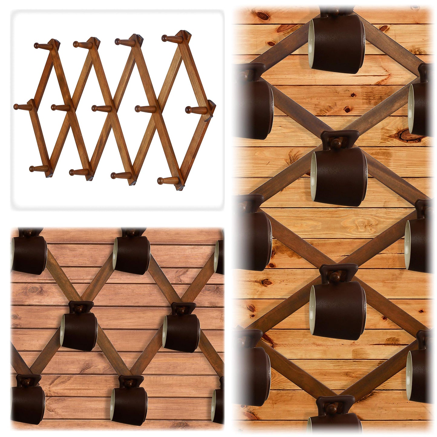 Dseap Accordian Wall Hanger: 16” High Wooden Wall Expandable Coat Rack, Hat Rack Holder, Accordion Hook for Baseball Caps, Coats, Mugs, 13 Peg Hooks, Brown