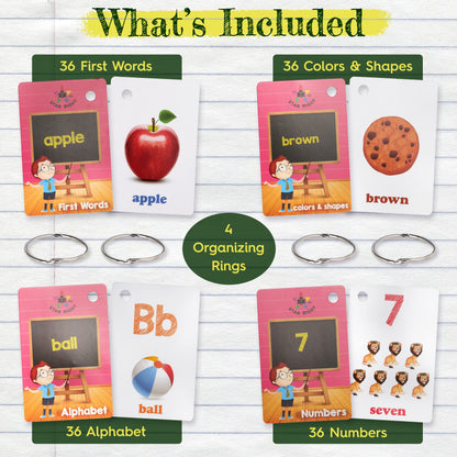 Star Right Flash Cards Set of 4 - Numbers, Alphabets, First Words, Colors & Shapes - Value Pack Flash Cards with Rings for Pre K - K