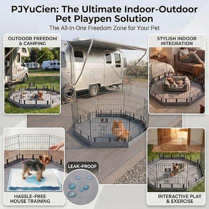PJYuCien Dog Playpen with Bottom Pad - Metal Foldable Exercise Pen, 8 Panels 24" H x 24" W Indoor Outdoor Pet Fence Puppy Crate Kennel, Gray