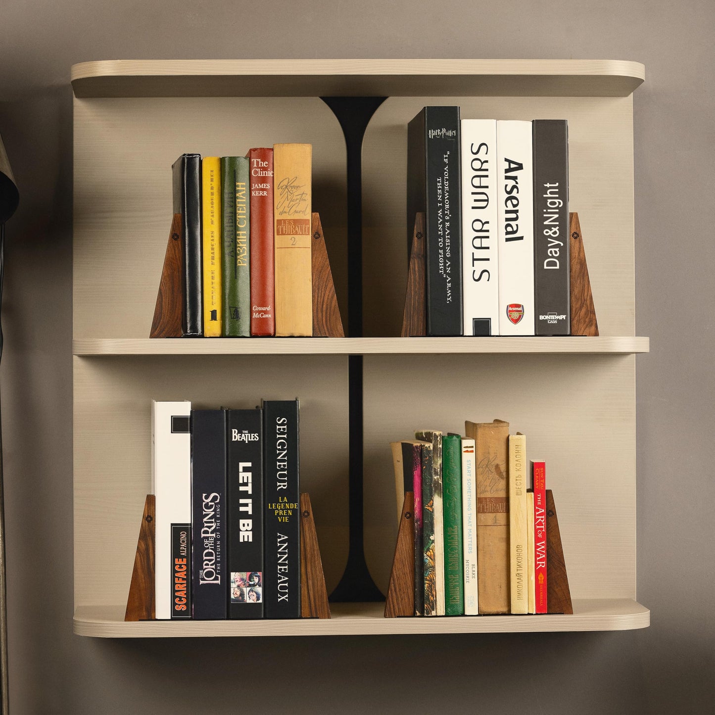 TILISMA Walnut Bookends for Shelves | Wooden Book Ends for Shelves | Sturdy Book Holders, Stoppers with Metal Base for Bookshelves | Slick Decorative Bookends Stands Firmly on Bookshelf (4 Pairs)
