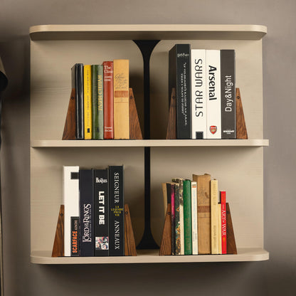 TILISMA Walnut Bookends for Shelves | Wooden Book Ends for Shelves | Sturdy Book Holders, Stoppers with Metal Base for Bookshelves | Slick Decorative Bookends Stands Firmly on Bookshelf (4 Pairs)