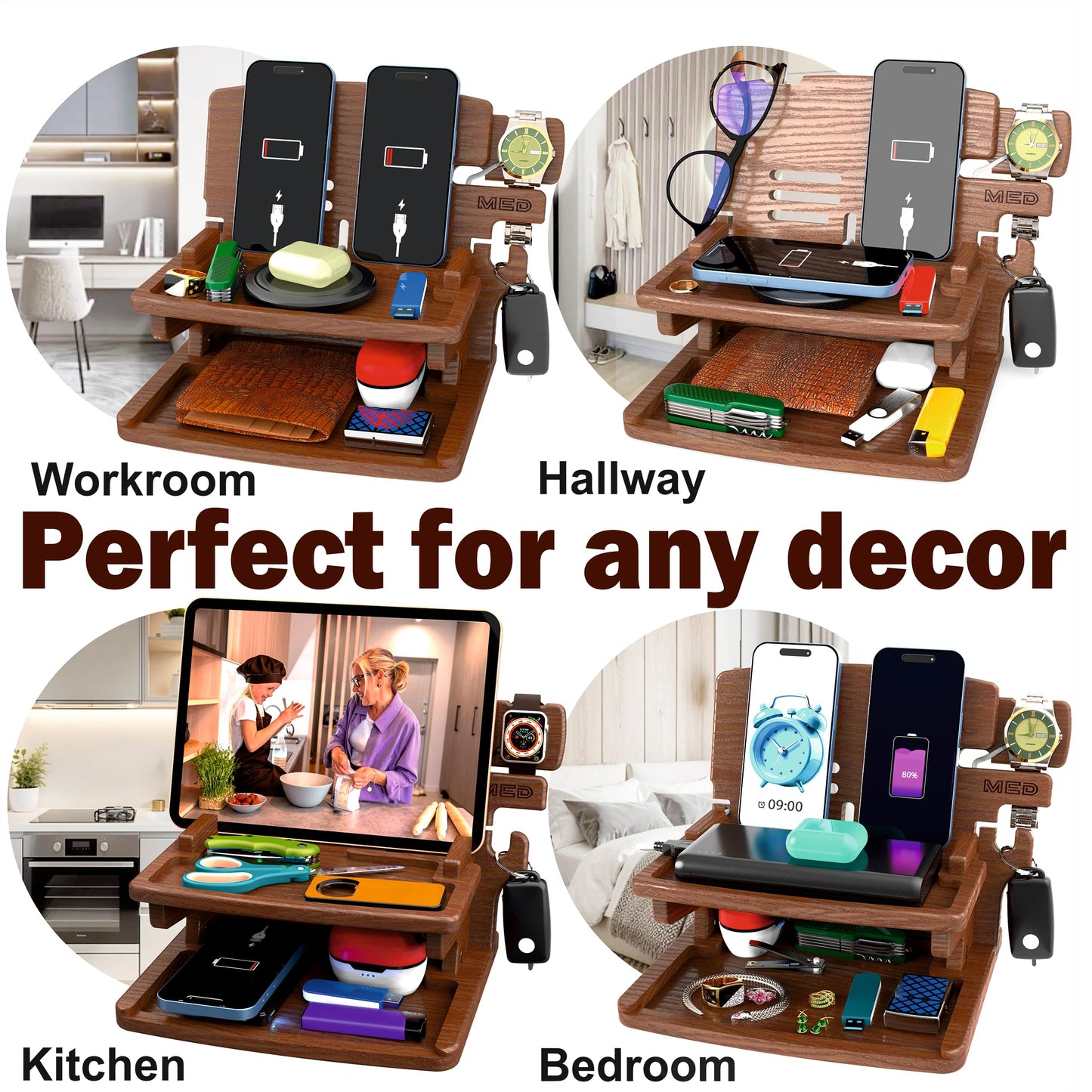 MED Wood Phone Docking Station for Men – Nightstand Organizer & Charging Station for Multiple Devices – Birthday Gift for Husband Dad, Father's Day – Holds Phone, Watch, Wallet, Keys (Dark Walnut)
