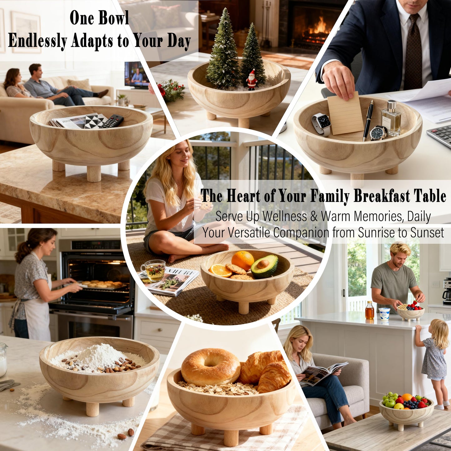 Premium 11" Handcrafted Large Wooden Fruit,Dough,Salad/key Bowl-Wooden Decorative Serving Bowl-Modern Farmhouse Kitchen Counter Centerpiece/Table/Dining Room Entryway Key Catcher-Wedding|Birthday Gift