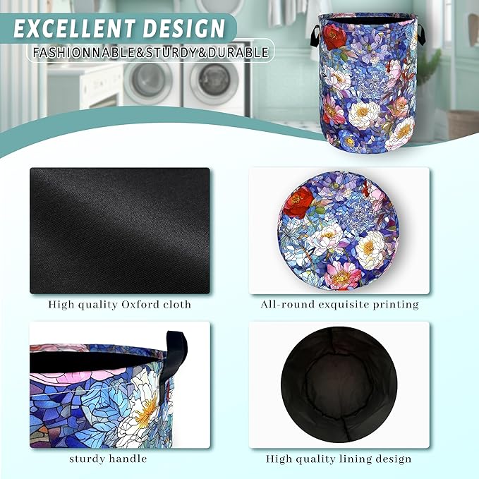 Blue Flowers Laundry Basket Glass Colorful Floral Foldable Funny Laundry Hamper