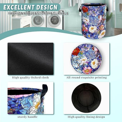 Blue Flowers Laundry Basket Glass Colorful Floral Foldable Funny Laundry Hamper