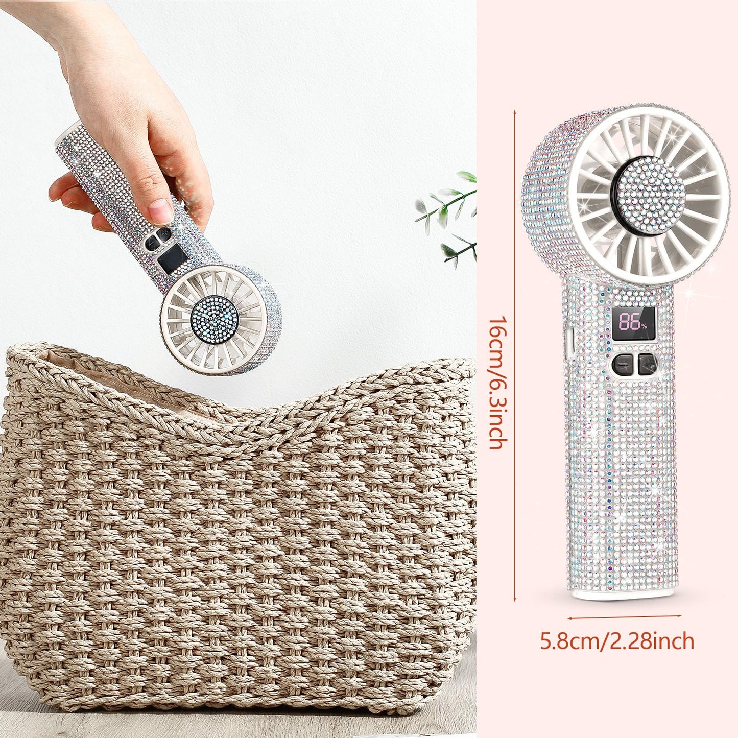 Mudder Rhinestone Handheld Fan Crystal Bling Mini Personal Fan Glitter Bedazzled Portable Usb Rechargeable & Battery Operated for Girls Women Outdoor Travel Indoor Makeup Office (Silver,Not Foldable)