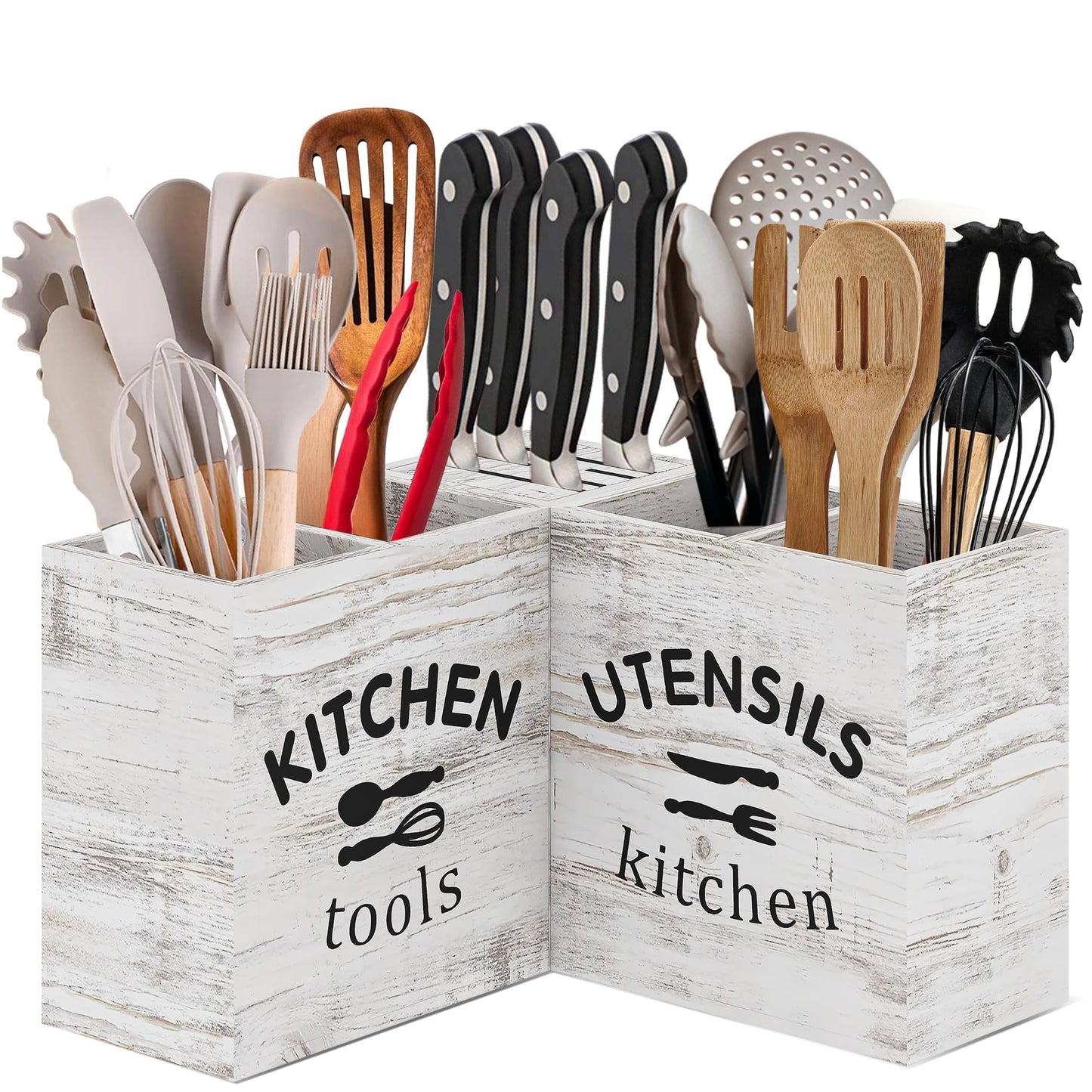 [Upgraded] Extra Large Kitchen Utensil Holder for Countertop with Knife Block, Triangle-Shaped, 5 Compartments, Removable Divider, Wooden Utensil Organizer for Countertop, Farmhouse Kitchen Decor