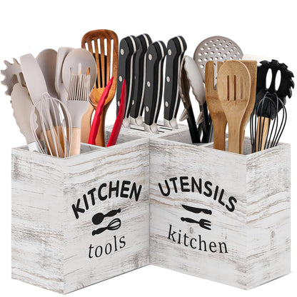 [Upgraded] Extra Large Kitchen Utensil Holder for Countertop with Knife Block, Triangle-Shaped, 5 Compartments, Removable Divider, Wooden Utensil Organizer for Countertop, Farmhouse Kitchen Decor