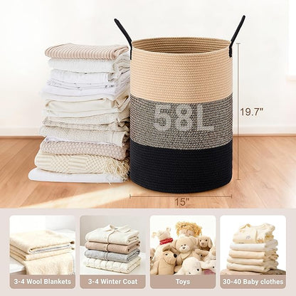Tall Laundry Basket with Handles, 58L Portable Dirty Clothes Hamper, Boho