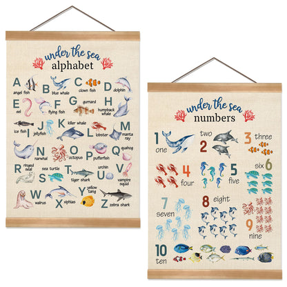 ZTGDA Alphabet Numbers Wall ArtSet of 2,ABC &123 Educational Learning Posters, Marine Fishs Wall Hanging Decor for Toddler Room Playroom,Nursery,or Classroom 12x16inch (Ocean Animal)