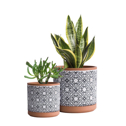 D'vine Dev Set of 2 Terracotta Pots, Vintage Design Planter Pot, 4 Inch and 6 Inch, Pot with Drainage Hole and Saucer, Terracotta/Black, 31-958-E-2
