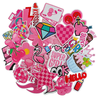 GYGYL 45Pcs Iron on Patches for Girls, Pink Preppy Embroidered Sew on/Iron on Patches Applique for Backpacks, Clothes, Dress, Hat, Jeans, Pant, Shoe,Bags