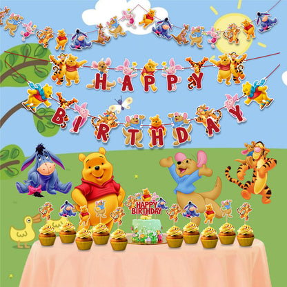 Winie The Pooh Theme Birthday Party Supplies, Cartoon Bear Party Decoration Set, Cute Themed Celebration Decor Kit for Birthday, Table Setup, Backdrop, Home Event Decoration Supplies