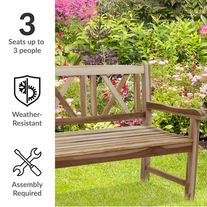 Sunnydaze 2-Person Outdoor Bench for Front Porch or Park - Wooden Teak Patio Garden Bench with Backrest - 675 lb Weight Capacity - Crossback