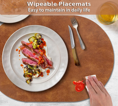 ADRIMER Placemats, Heat Resistant Oval Placemats Set of 4 Washable 12 x 17 Inch, Waterproof Table Mats, Wipeable Pu Place Mats for Kitchen, Dining Room, Turmeric Brown+Light Brown+Green+Blue