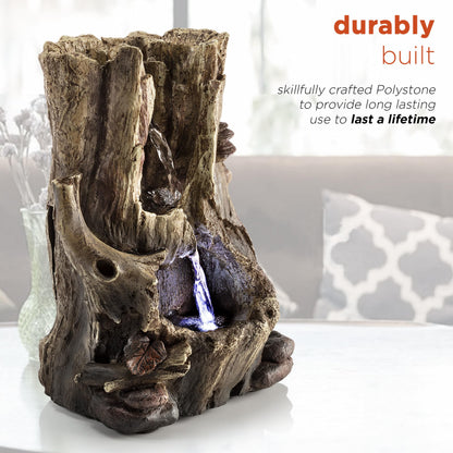 Alpine Corporation WIN326 Indoor Tabletop Light-Up Tiered Rainforest Tree Trunk Water Fountain with LED Lights, 11", Brown