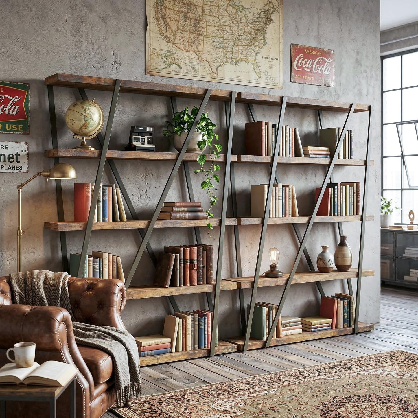 FUSUNBAO 67" 5-Tier Wood & Metal Tall Bookshelf for Home Office,Retro Brown