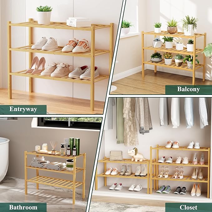 Smiry Long Bamboo Shoe Rack, 5 Tier Free Standing Wooden Shoe Organizer, Stackable Wood Shoe Storage Shelf for Closet, Entryway, 12 Vertical Slats, 2+2+1 Stack Standard Legs, 33.7"x11"x32.5", Natural