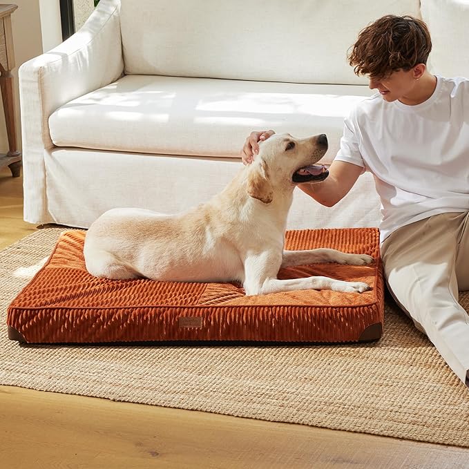 FUKUMARU Dog Bed, Thickened Corduroy Orthopedic Dog Beds with Washable Cover, XL Waterproof Dogs Bed for Crate, 28D Egg Crate Foam Support Pet Mat, Cozy Pet Bed Pad with Anti-Slip Bottom, Orange