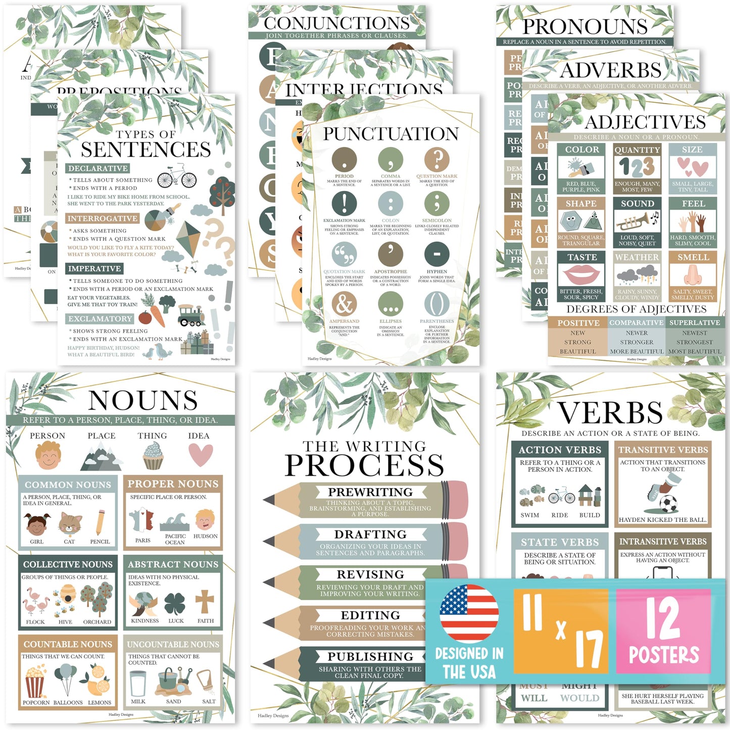 Parts of Speech Posters for Classroom Must Haves - 12 Grammar Posters, Writing Process for Homeschool, Elementary & Middle School, ELA 3rd 4th & 5th Grade Teacher Must Haves, Greenery Classroom Decor