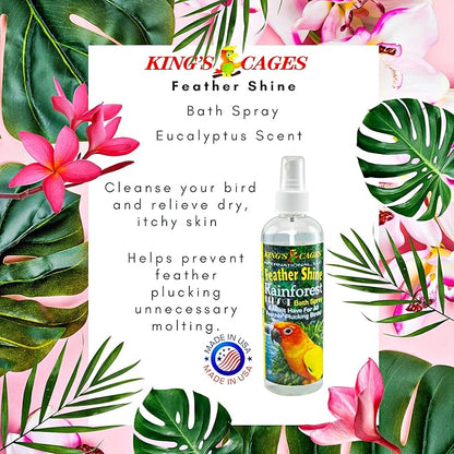King's Cages Feather Shine Bath Spray 8 oz. Eucalyptus Scent Alcohol Free Feather Conditioner and Skin Care Mist for Small to Large Bird Grooming and Plumage Maintenance (Pack of 2)