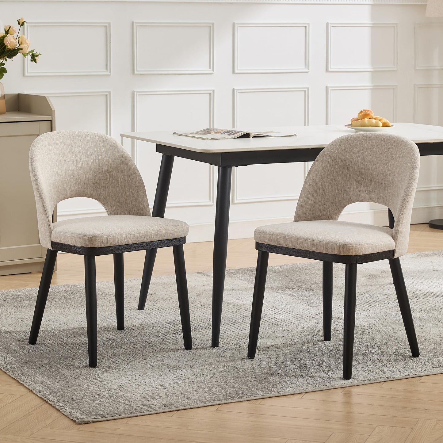 Wooden Dining Chairs Set of 6, Upholstered Kitchen Dining Room Chair, Modern Linen Fabric hollowed out Dinner Chair with Leveling Feet/hollowed out Backrest Support for Dining Room, Living,Beige