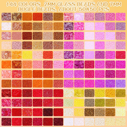 50850pcs 144 Colors 2mm Seed Beads Kit for Jewelry Making,6 Boxes Mini Glass Embroidery Beads with 7x2mm Tube Bugle Bead for DIY Bracelets, Necklaces, and Crafts