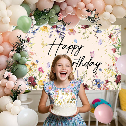 Wildflower Birthday Decorations for Women Girls, Sage Green Dusty Pink Balloon Arch Garland Kit with Floral Happy Birthday Backdrop, 12 Cupcake Toppers, Boho Spring Garden Party Supplies