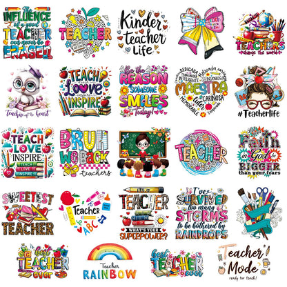 INCOK Teacher Iron on Transfers for Clothing - 24 PCS DTF Transfers Ready to Press Bow Pencil Iron on Vinyl Design Heat Decals Stickers for Teacher Appreciation Week T-Shirts Bag Hoodie Hat Dress