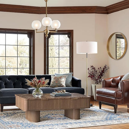 Win2win Fluted Coffee Table with Storage, Mid Century Modern Coffee Table with Faux Marble Top, Minimalist Rectangle Center Table with Sculptural Pedestal Legs & Drawers for Living Room/Office, Walnut