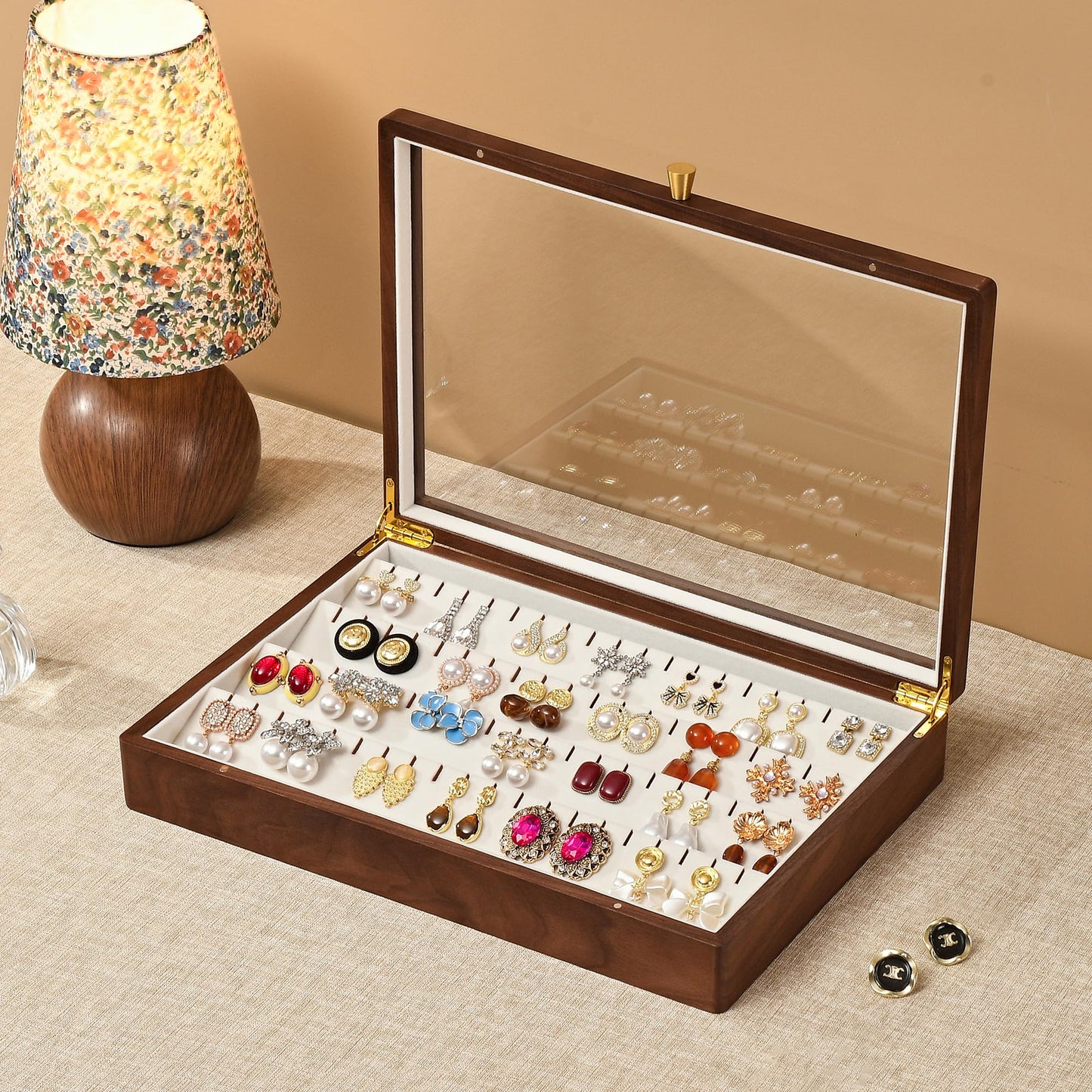 Vwixkuxx Black Walnut Wooden Earring Box, 40 Pairs Earrings Natural Solid Wood Jewelry Organizer Tray with Clear Glass Lid, Desktop Velvet Lined Holder Display Case for Women Girls Gifts for Mom.