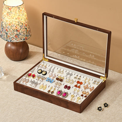 Vwixkuxx Black Walnut Wooden Earring Box, 40 Pairs Earrings Natural Solid Wood Jewelry Organizer Tray with Clear Glass Lid, Desktop Velvet Lined Holder Display Case for Women Girls Gifts for Mom.