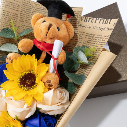 Ansuma 13" Graduation Rose Sunflower Scented Soap Flower Bouquet Mini Plush Graduate Teddy Bear with Grad Cap Floral Arrangements Gift Box for Graduation Party Favors Supplies (Blue)