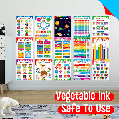 15 Packs Educational Poster, Thick Early Learning Posters Waterproof & Tear Proof with PET Film, Alphabet/Animals/Opposites/Emotions/Numbers Posters for Kindergarten Preschool Toddlers (14.5”x11”)