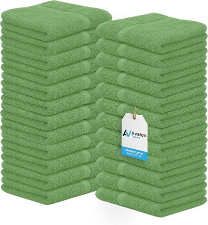 Avalon Towels Cotton Washcloths 24-Pack – 12 x 12 Inch Sage Green Super Soft &
