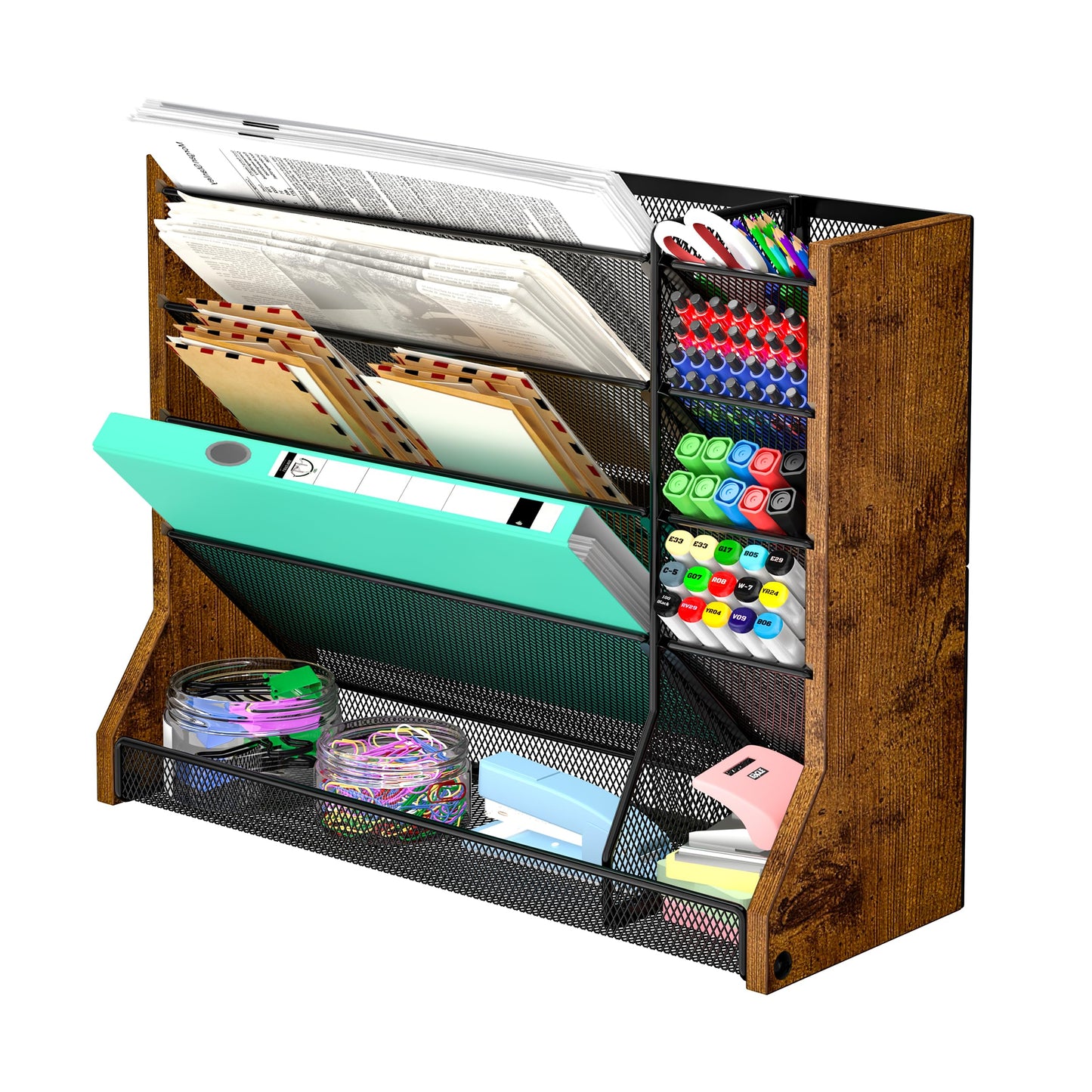 Jakyitvi Wall Desk File Organizer 5 Tiers, Ironwood Hanging File Organizer with R-shaped Tray, Wall File Holder for Office Home, 4 Pull-Out Divider and Pen Slots to Sort File,Mail,Newspaper,Pen, Brown