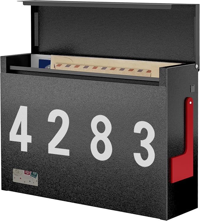 Modern Mailboxes for Outside, Metal Wall Mount Mailbox, with One Flag Kit and Three Sets of Mailbox Number Stickers, 3.9" D×14.2" W×10.2" H, Rust Resistant Coating Mail Boxes for House, Black AMB07B
