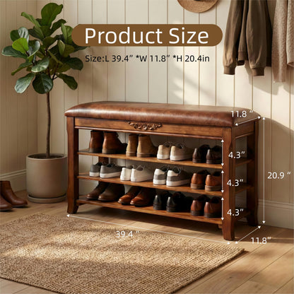 Shoe Rack Bench Entryway Storage with Leather Cushion, Shoe Organizer Bench for Entryway, Front Doors Entrances Hallway,Mudroom,Closet, Bedroom,Solidwood 3 Height-Adjustable Removable Shelve,39.4"