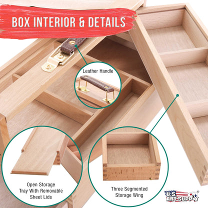 U.S. Art Supply Multi-Function Artist Tool Supply Box with Locking Clasps & Tool Storage Box - Wooden Art Box for Artist Supplies, Brushes, Pencils, Erasers, Tool Storage Organizer Case