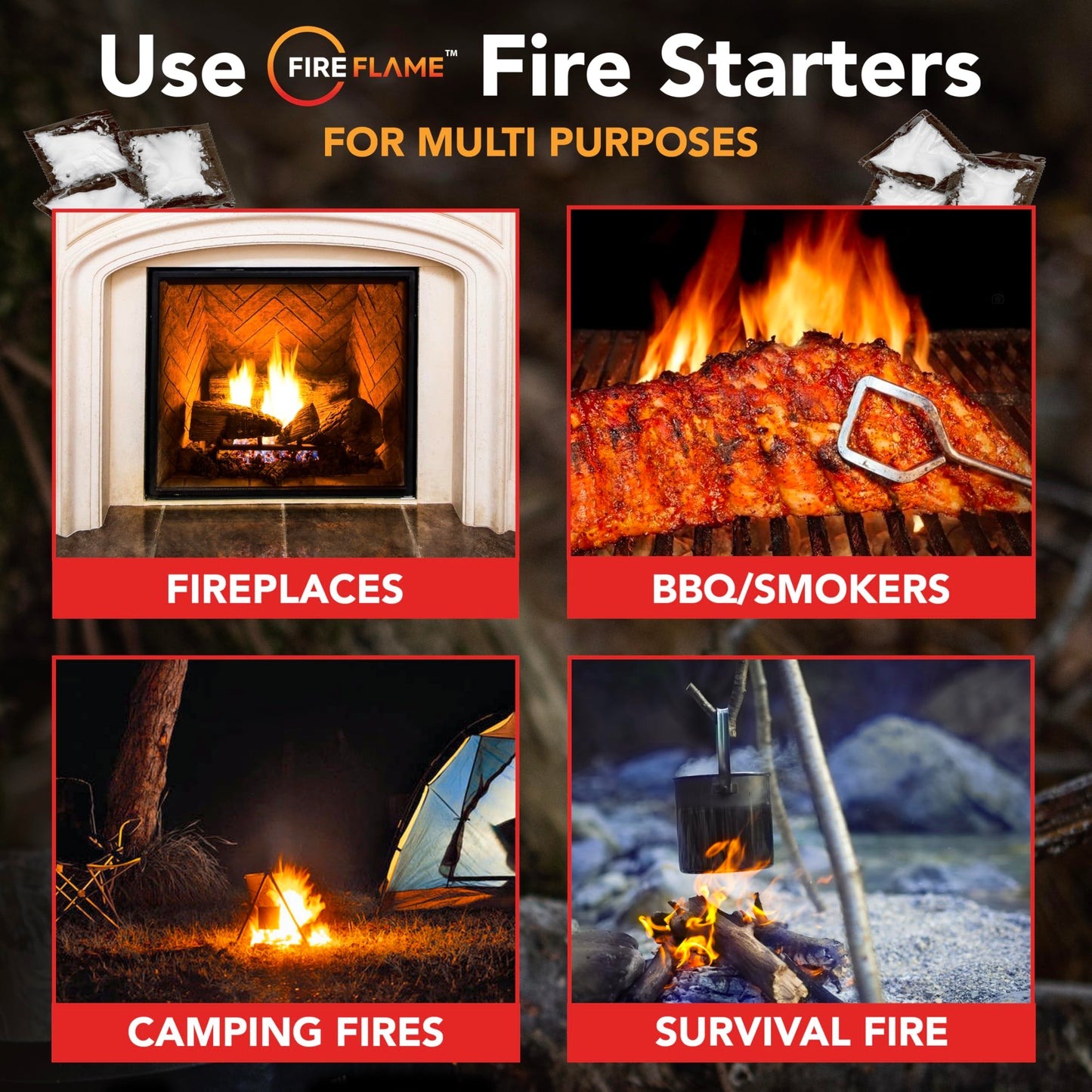 FireFlame Quick Instant Fire Starter -100% Waterproof All-Purpose Indoor & Outdoor FireStarter, for Charcoal Starter, Campfire, Fireplace, Firepit, Smoker - Odorless and Non-Toxic - 20 Pouches in Bag